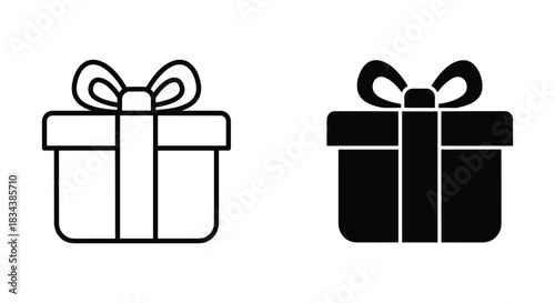 Gift box outline and solid black icon set