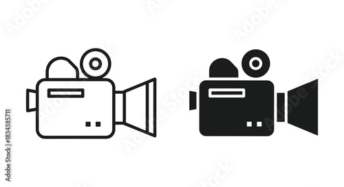 Video Camera Icon, Black Outline and Solid Glyphs