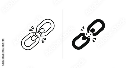Broken Chain Link Icon Set: Outline and Solid Symbols of Disconnection, Error, and Failure