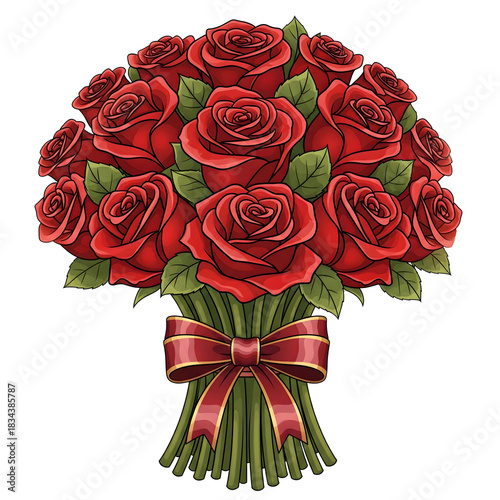 Detailed Hand-Drawn Red Rose Bouquet Illustration Tied with a Red and Gold Ribbon, Perfect for Romantic Gifting and Celebration Designs