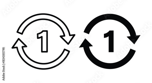 Repeat One Time Icon - Circular Arrow with Number 1 in Outline and Filled Styles