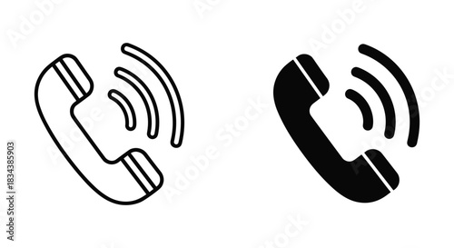 Ringing Telephone Receiver Icons: Outline and Solid Call Symbols with Signal Waves