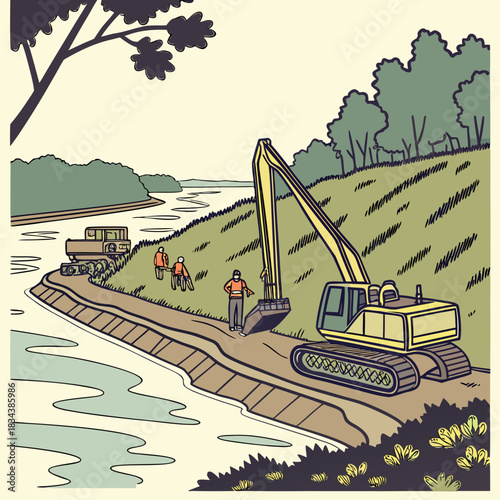 Construction workers and an excavator work on a riverbank project to reinforce the embankment with heavy machinery