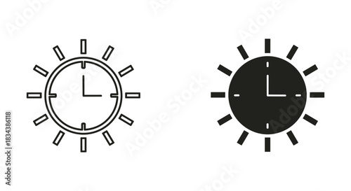 Day and Time Clock with Sun Rays Icon Set (Outline and Solid)