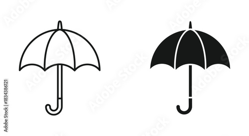 Umbrella Outline and Solid Glyph Icons. Vector illustration of weather protection symbols for rain, sun, safety, and insurance.