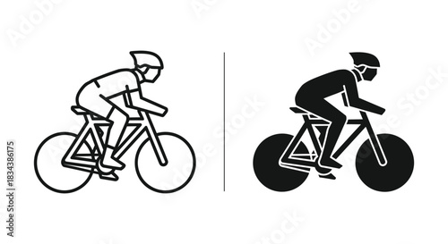 Cyclist Icons Set: Outline and Silhouette of a Rider on a Bicycle with Helmet
