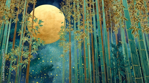 Bamboo grove full moon fantasy art in Japanese style with gold accents
