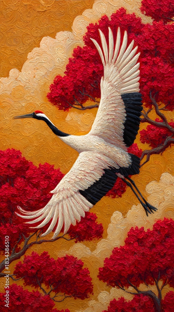 Fototapeta premium Elegant redcrowned crane in flight among cherry blossoms artinspired illustration design