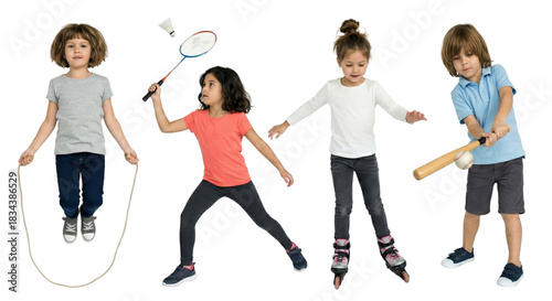 Dynamic assortment of children engaging in various fun activities on transparent background