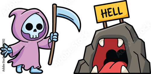Cute Cartoon Grim Reaper Character Holding Scythe Next to Hell Mouth Cave Entrance Sign for Halloween and Death Concept Vector Illustration.