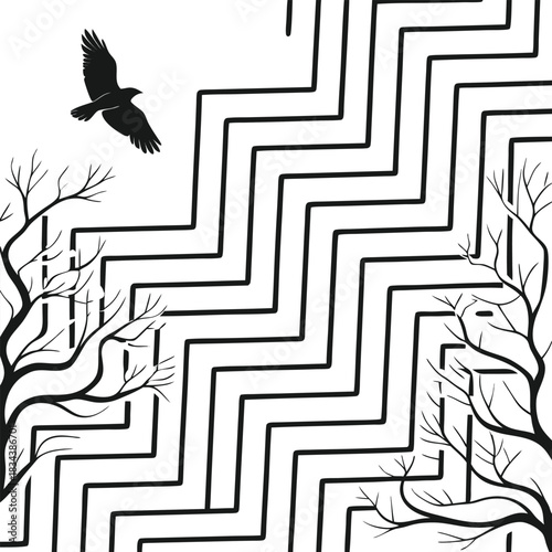 Black silhouette of a bird flying above bare tree branches with a zigzag pattern Keywords: bird, flying, silhouette, black, white, tree, branches