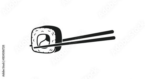 Sushi roll being held by chopsticks in a minimalist silhouette style silhouette