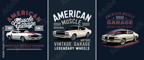 Vintage American muscle car illustration set with classic garage typography and retro automotive emblem artwork