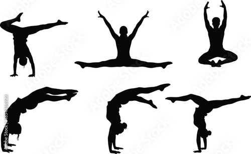 Active Children Silhouettes Vector Set, Illustrating Boys and Girls Jumping, Pointing, Holding Flowers, and Exercising with Dumbbells, Emphasizing Childhood, Play, Fitness, and Daily Activities.