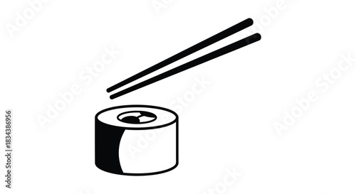 Sushi roll and chopsticks minimalist illustration in black and white silhouette