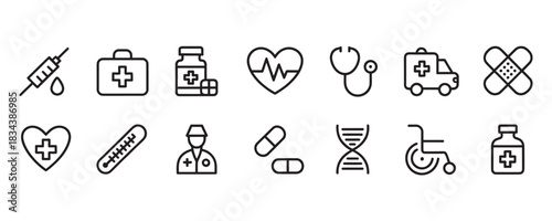 Essential healthcare icons collection for modern medical design projects, perfect for hospitals, clinics, and wellness campaigns needing a clean aesthetic