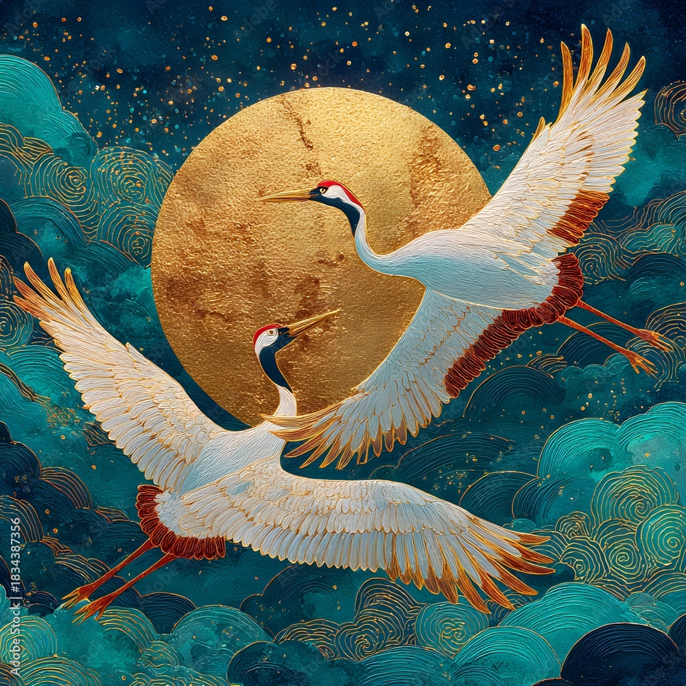 Fototapeta premium Majestic redcrowned cranes soar across a golden full moon and swirling teal clouds