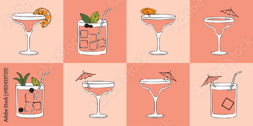 Hand-drawn cocktail illustration set with glasses, ice, citrus garnish, umbrellas and straws on peach colour blocks