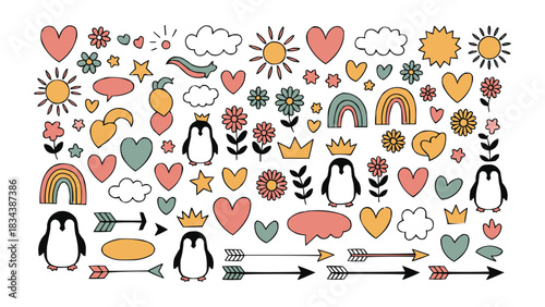 Cute penguin rainbow floral doodle set with hearts stars clouds arrows and colourful whimsical icons