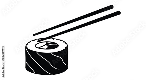 Sushi roll with chopsticks black and white minimalist illustration silhouette