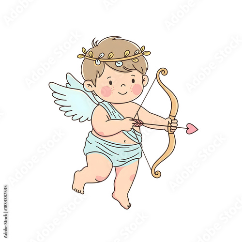 Cute Hand-Drawn Cartoon Illustration of a Smiling Cupid Character with Bow and Arrow, Ready to Spread Love and Romance