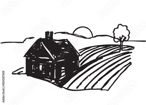 line doodles sketch village fields with black house