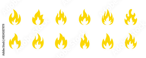 Collection of ten vibrant yellow flame icons providing dynamic heat and energy symbols for digital design projects