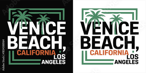 Venice Beach California typography with palm tree graphic and modern coastal Los Angeles summer style design