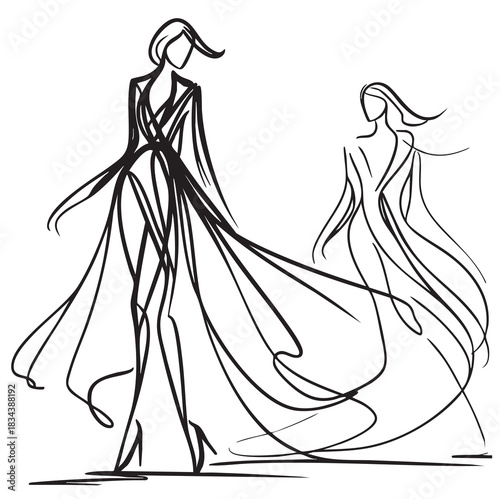 line abstract sketch fashion models in very long black dress