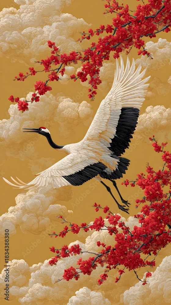 Fototapeta premium Elegant redcrowned crane flying with blossom branches and cloud illustration image