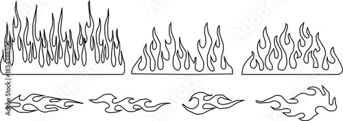 Black flame icon set in line style, fire silhouette collection with tribal blaze shapes and decorative heat graphic group, monochrome burning element pack with synonym illustration