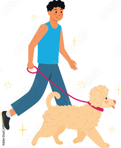 hombre pasear perro ilustración flat