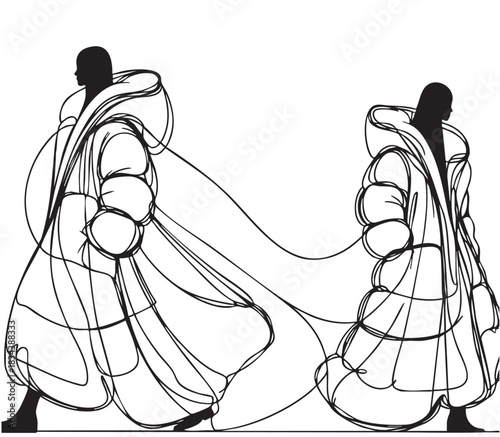 line abstract sketch fashion models in very long down jacket