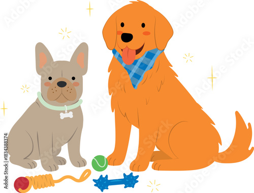 perro sentado con juguete pelota hueso ilustración