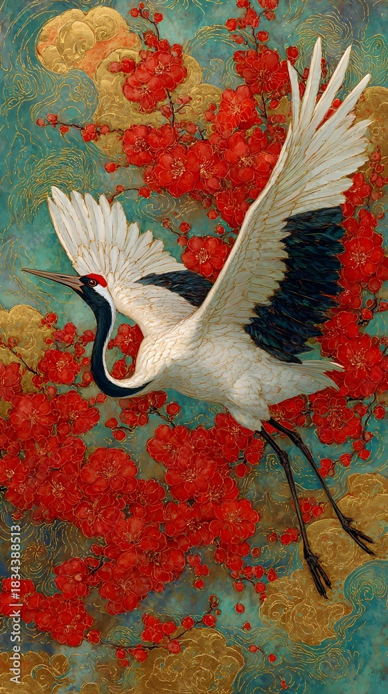 Naklejka premium Elegant vintage painting of a redcrowned crane in flight with blossoming cherry branches
