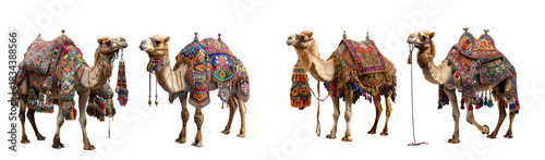 A group of five ornately decorated camels standing together in a line isolated on transparent background