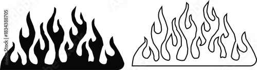 Black flame icon set in flat and line style, fire silhouette collection with tribal blaze shapes and decorative heat graphic group, monochrome burning element pack with synonym illustration