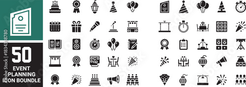 Collection of 50 event planning icons in a dark minimalist style set.
