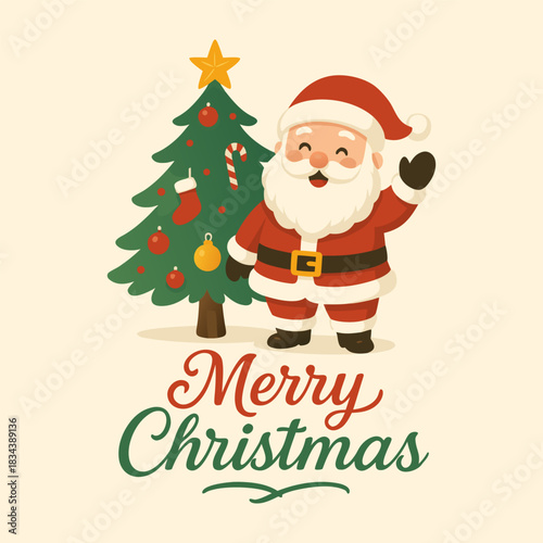 Festive christmas greeting card with cheerful santa claus waving next to a decorated christmas tree with a star and the words merry christmas