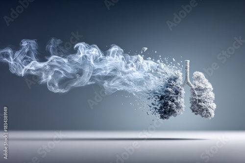 Abstract illustration of lungs with smoke and particles representing breathing and health concepts