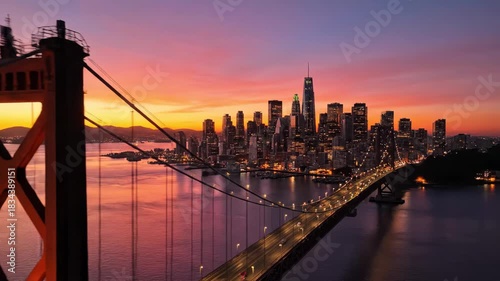 Aerial view of the san francisco bay bridge tower and illuminated city skyline at sunset with vibrant orange and purple sky reflecting on the water