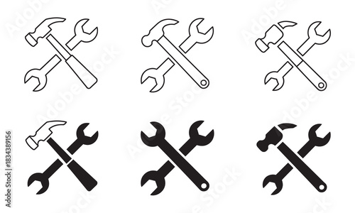 Handyman essentials hammer and wrench icons for reliable repair services and professional maintenance tasks in vector format