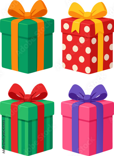 Four colorful gift boxes with ribbons and bows perfect for celebrations holidays birthdays and special occasions adding a festive touch to any design project