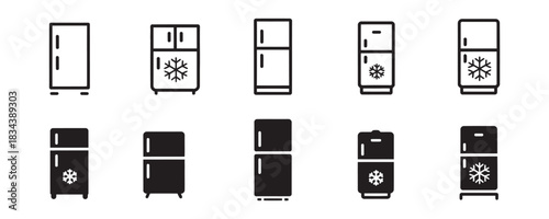 Modern refrigerator icon set perfect for appliance design, home improvement branding, or sustainable living concepts with a minimalist aesthetic