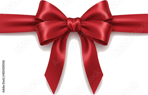Realistic red bow and ribbon with shadow on white background vector illustration. Red satin gift bow for Christmas and valentines. Red bow vector design material.