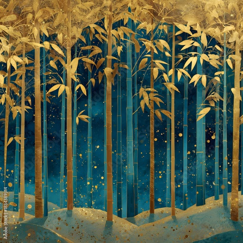 Lush golden bamboo forest illustration with dreamy blue background and bokeh
