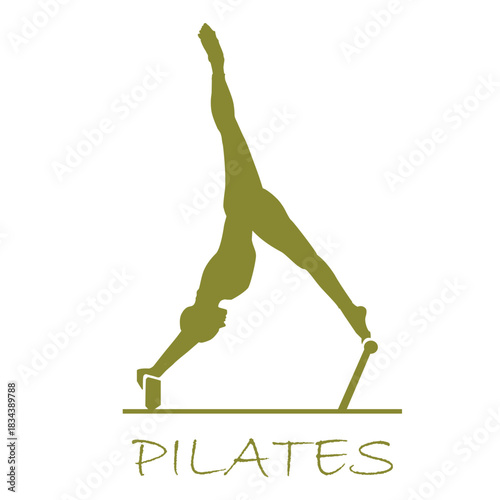 Icono vectorial concepto entrenamiento de pilates, silueta en color verde de joven haciendo una postura de pilates mujer y mensaje
