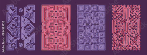 Abstract geometric maze line pattern set with symmetrical shapes and bold colourful outlines on dark background