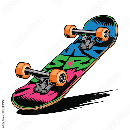 A skateboard with wheels turning, bright colors, white background.