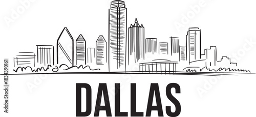 Dallas city skyline detailed sketch hand drawn vector illustration texas urban panorama architectural towers set.
